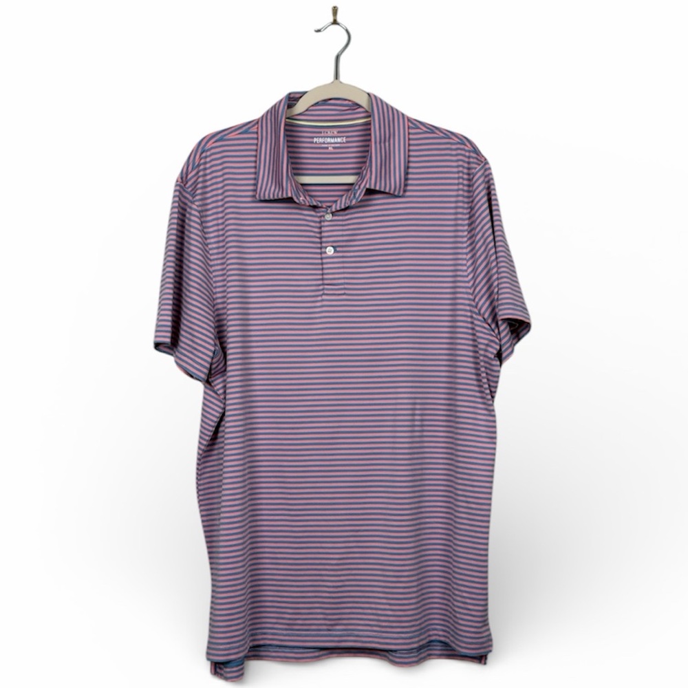 J. Crew Performance Men's Short Sleeve Polo Shirt - Blue and Pink Stripes SZ XL